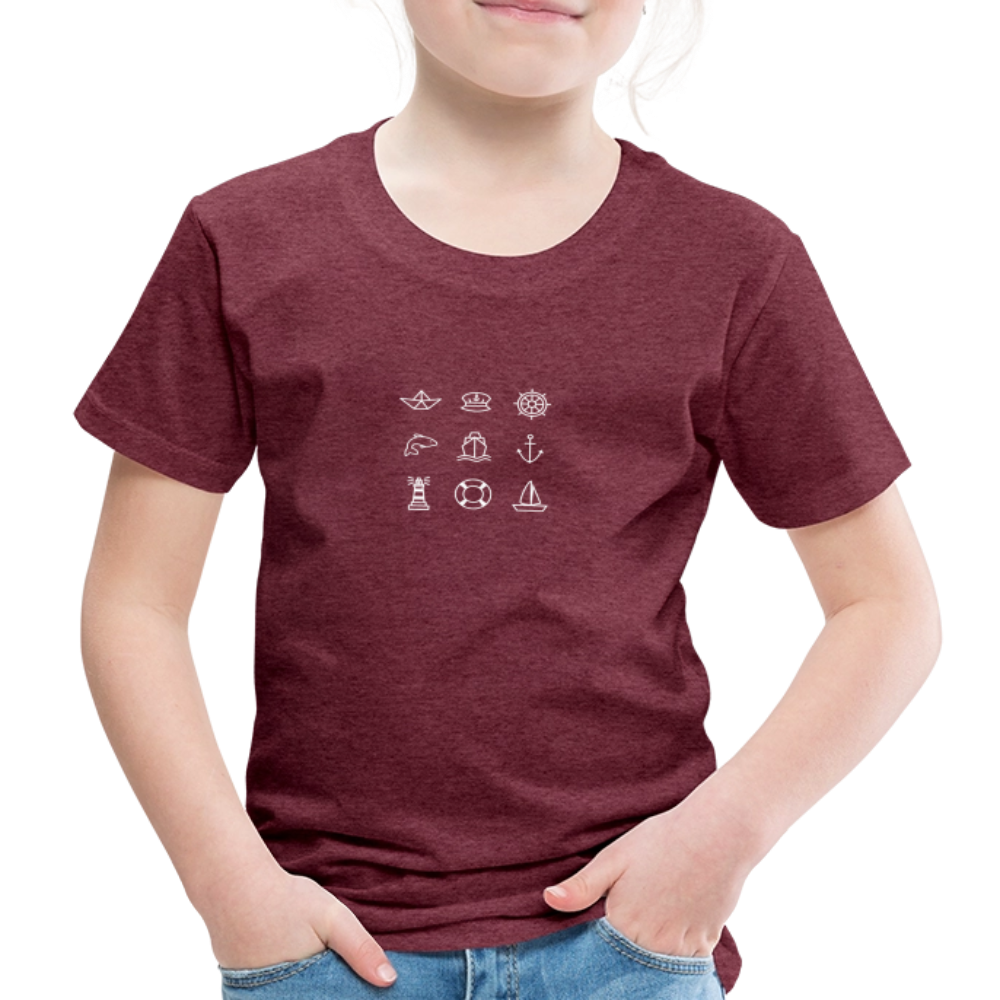 Kinder Premium T-Shirt - Nautik Doodles (weiss) - Bordeauxrot meliert