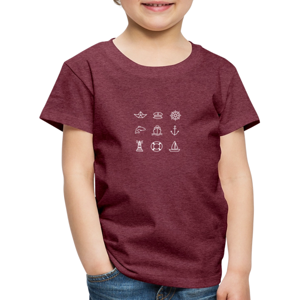 Kinder Premium T-Shirt - Nautik Doodles (weiss) - Bordeauxrot meliert