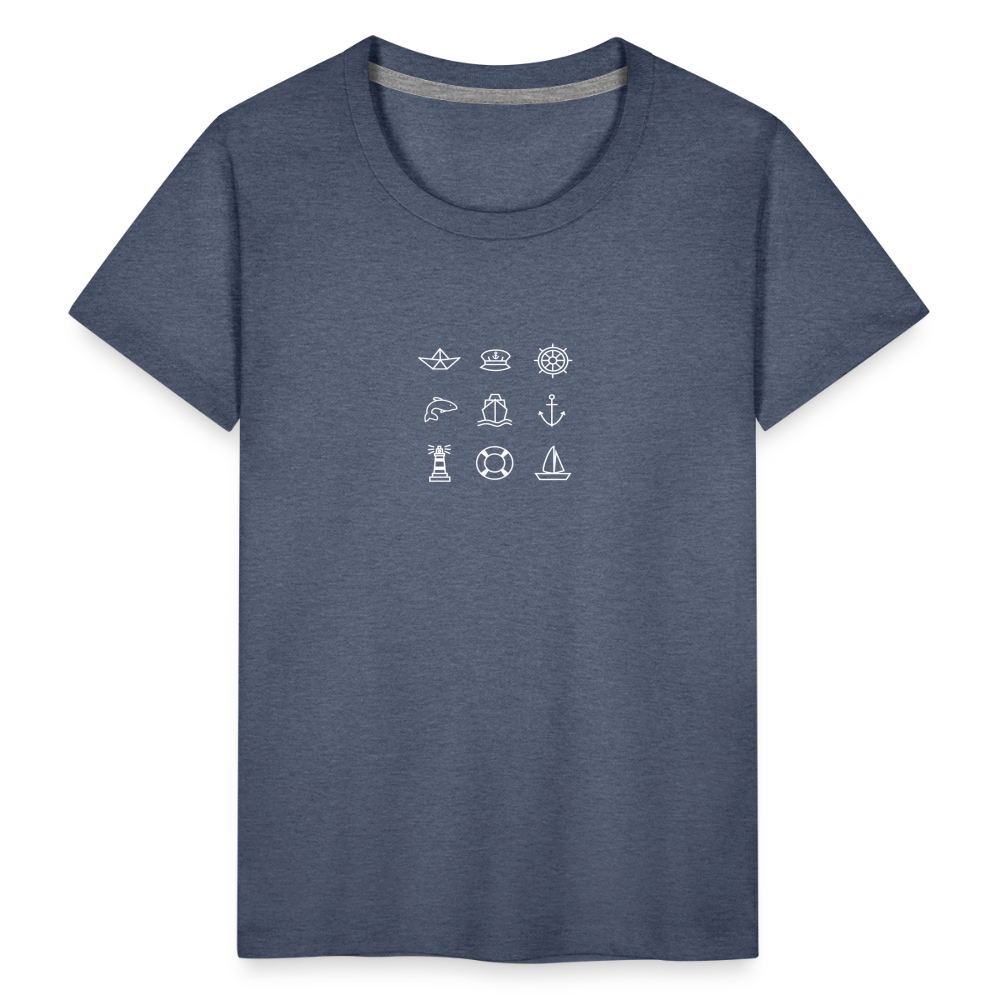 Kinder Premium T-Shirt - Nautik Doodles (weiss) - Blau meliert
