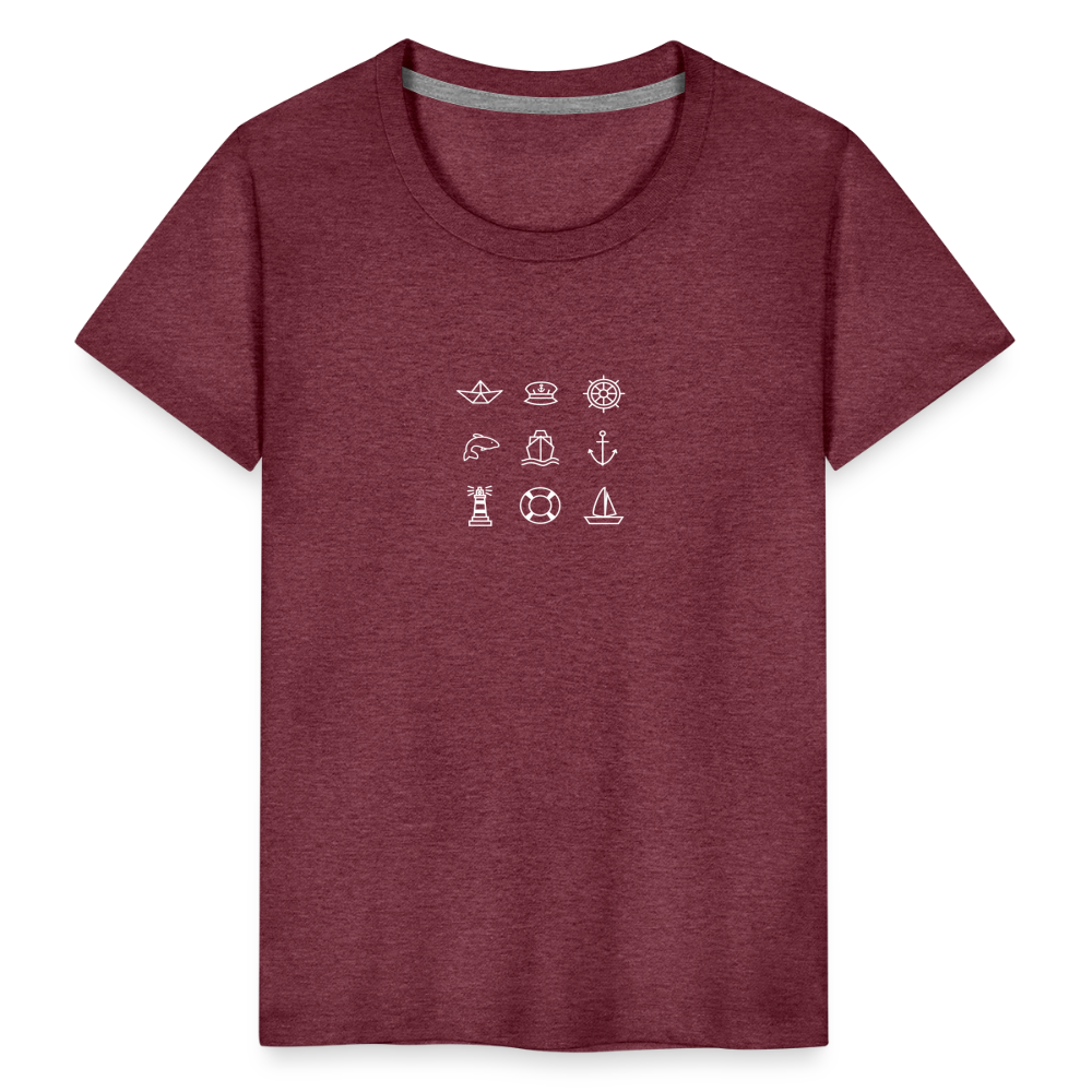 Kinder Premium T-Shirt - Nautik Doodles (weiss) - Bordeauxrot meliert