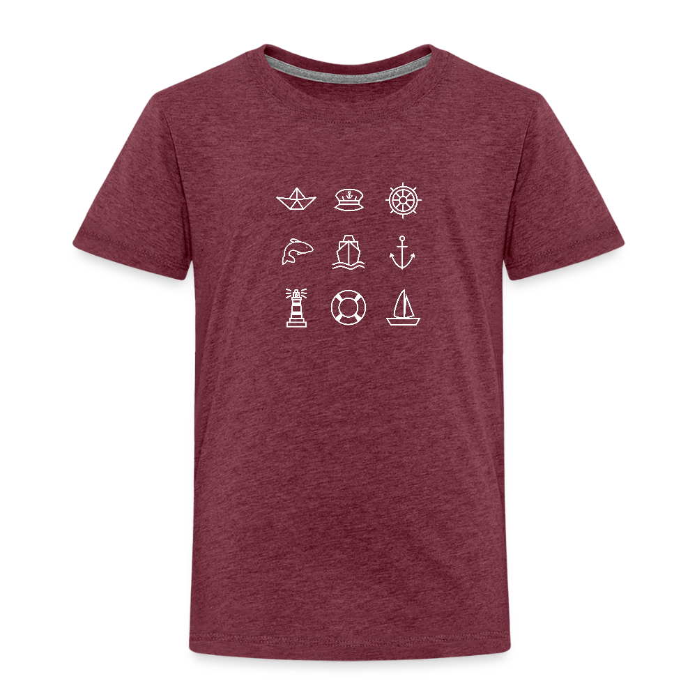 Kinder Premium T-Shirt - Nautik Doodles (weiss) - Bordeauxrot meliert