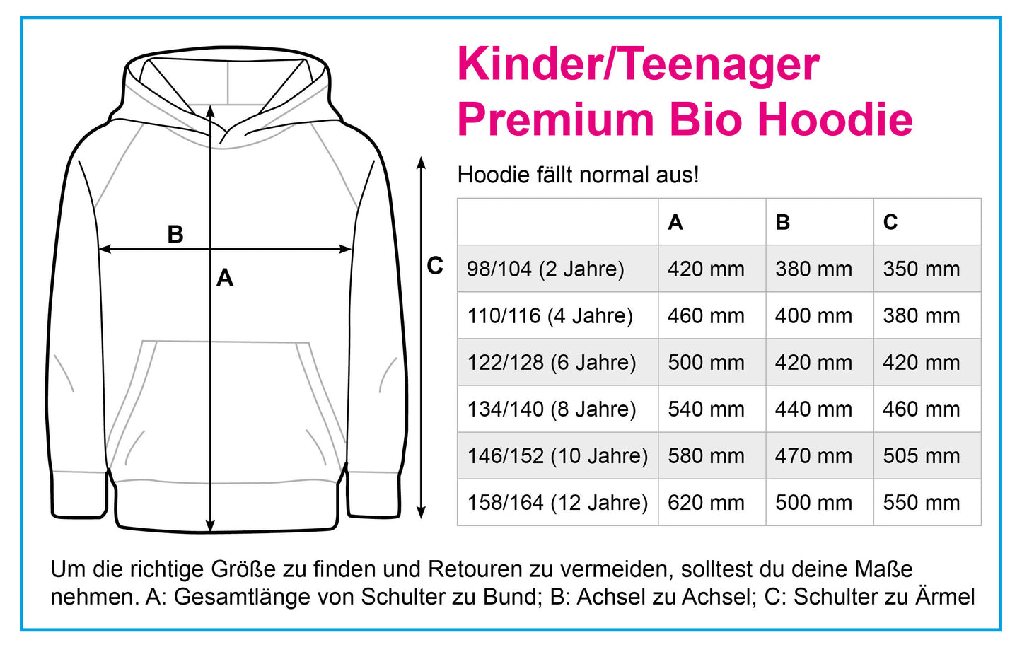 Größentabelle Kinder/Teens Premium Bio Hoodie