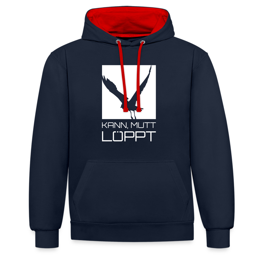 Kontrast-Hoodie - Kann, mtt, löppt (weiss) - Navy/Rot