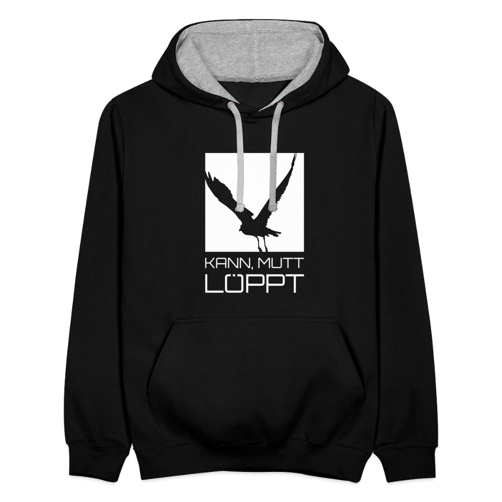 Kontrast-Hoodie - Kann, mtt, löppt (weiss) - Schwarz/Grau meliert