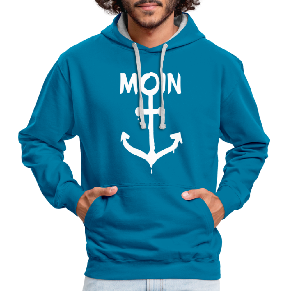 Unisex Kontrast-Hoodie - Moin Anker (weiss) - Pfauenblau/Grau meliert