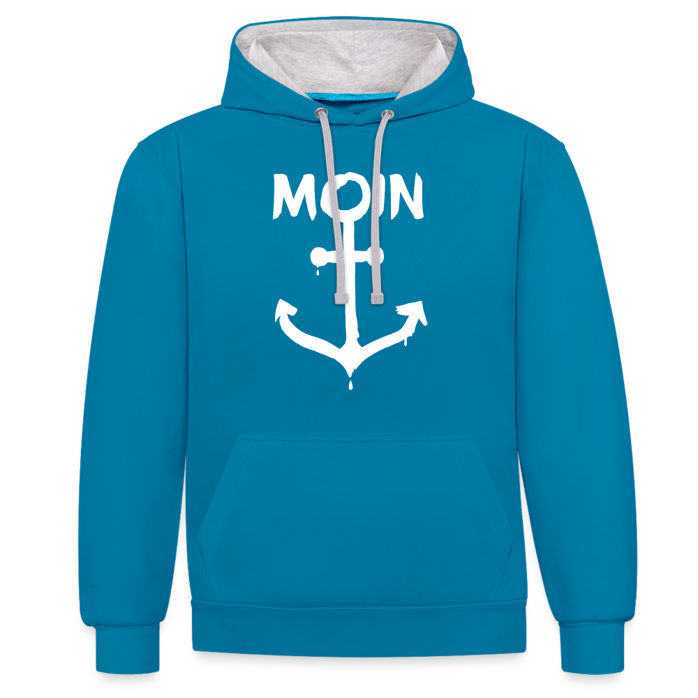 Unisex Kontrast-Hoodie - Moin Anker (weiss) - Pfauenblau/Grau meliert