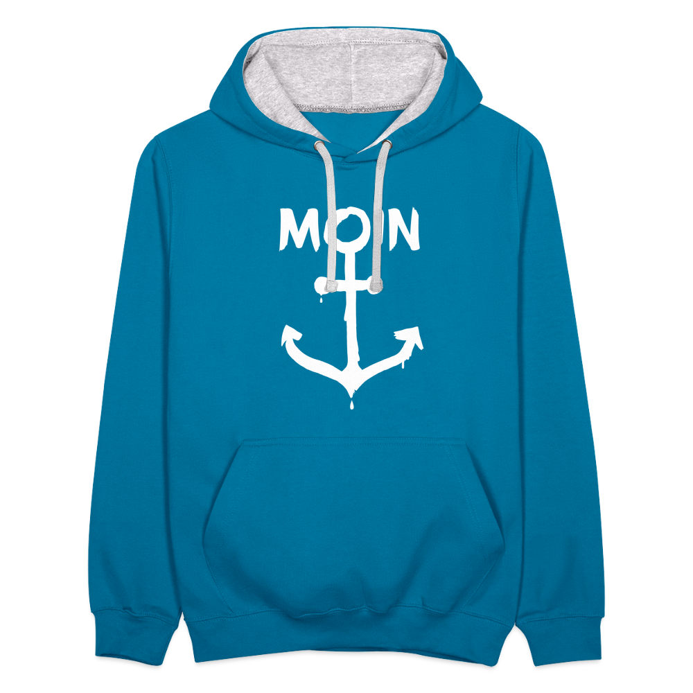 Unisex Kontrast-Hoodie - Moin Anker (weiss) - Pfauenblau/Grau meliert