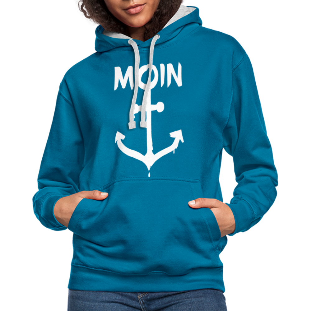 Unisex Kontrast-Hoodie - Moin Anker (weiss) - Pfauenblau/Grau meliert