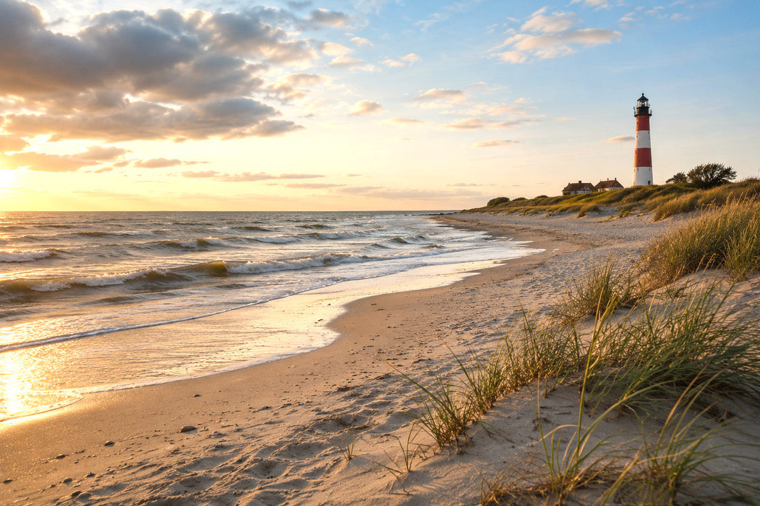 Küstenbild mit Leuchtturm, Strand und Meer