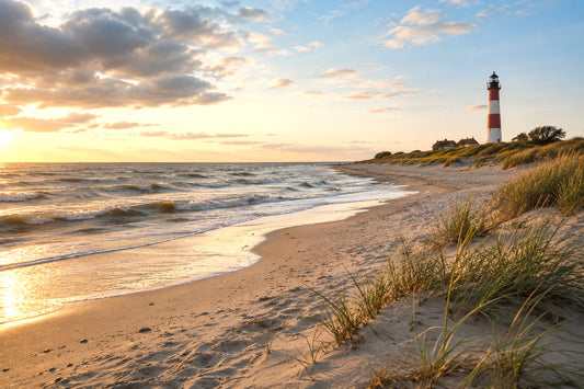 Küstenbild mit Leuchtturm, Strand und Meer