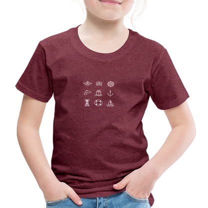 Kinder Premium T-Shirt - Nautik Doodles (weiss) - Bordeauxrot meliert
