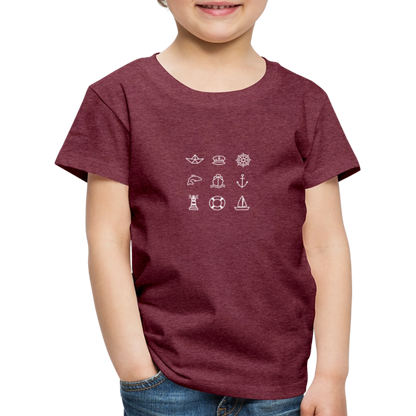 Kinder Premium T-Shirt - Nautik Doodles (weiss) - Bordeauxrot meliert