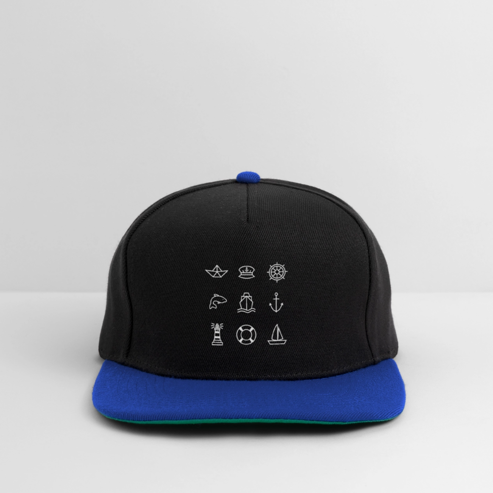 Snapback Cap - Nautik Doodles (weiss) - Schwarz/Königsblau