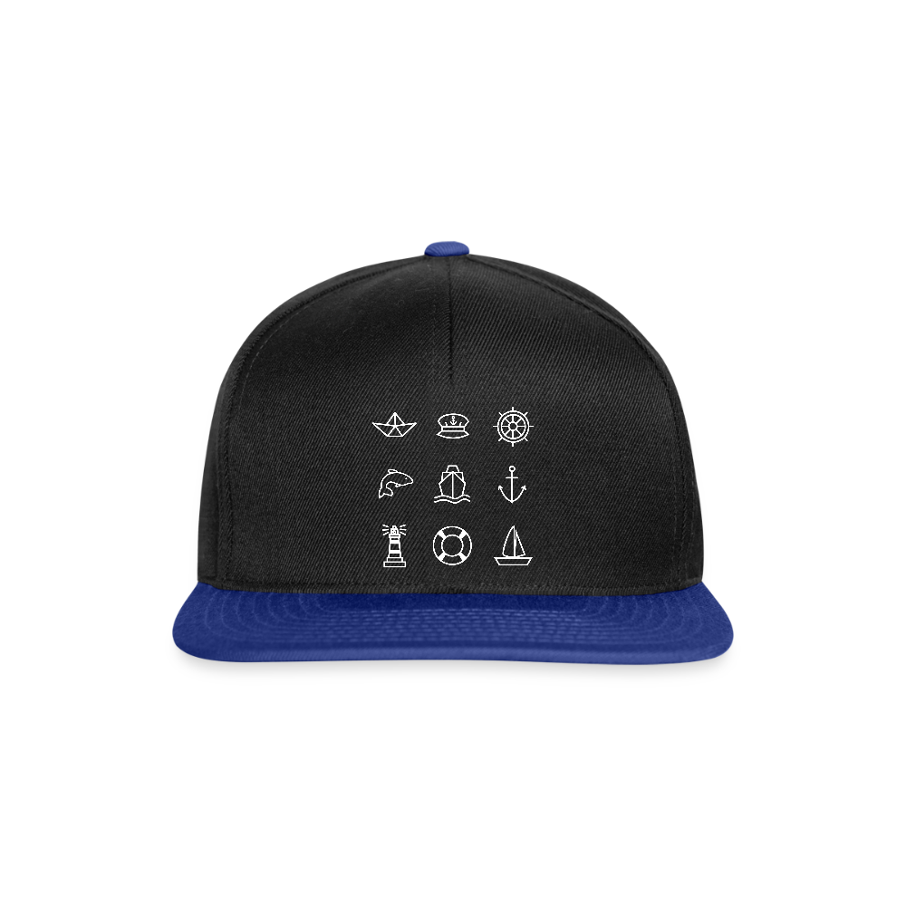Snapback Cap - Nautik Doodles (weiss) - Schwarz/Königsblau