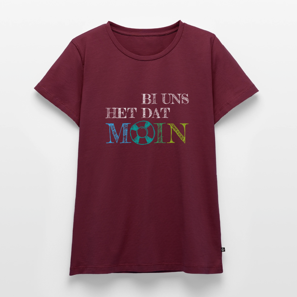 Damen Premium Bio T-Shirt - Bi uns het dat Moin (weiss) - Burgunderrot