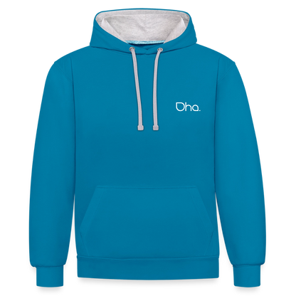 Oha (weiß) - Unisex Kontrast-Hoodie - Pfauenblau/Grau meliert