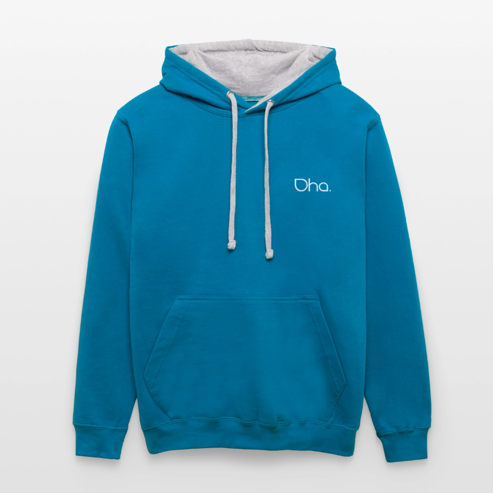 Oha (weiß) - Unisex Kontrast-Hoodie - Pfauenblau/Grau meliert