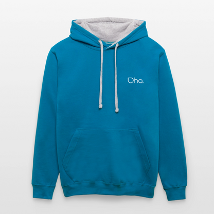 Oha (weiß) - Unisex Kontrast-Hoodie - Pfauenblau/Grau meliert