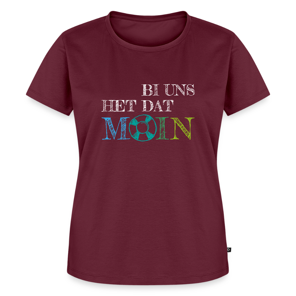 Damen Premium Bio T-Shirt - Bi uns het dat Moin (weiss) - Burgunderrot