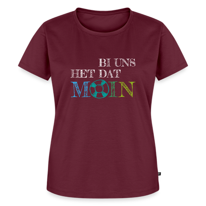 Damen Premium Bio T-Shirt - Bi uns het dat Moin (weiss) - Burgunderrot