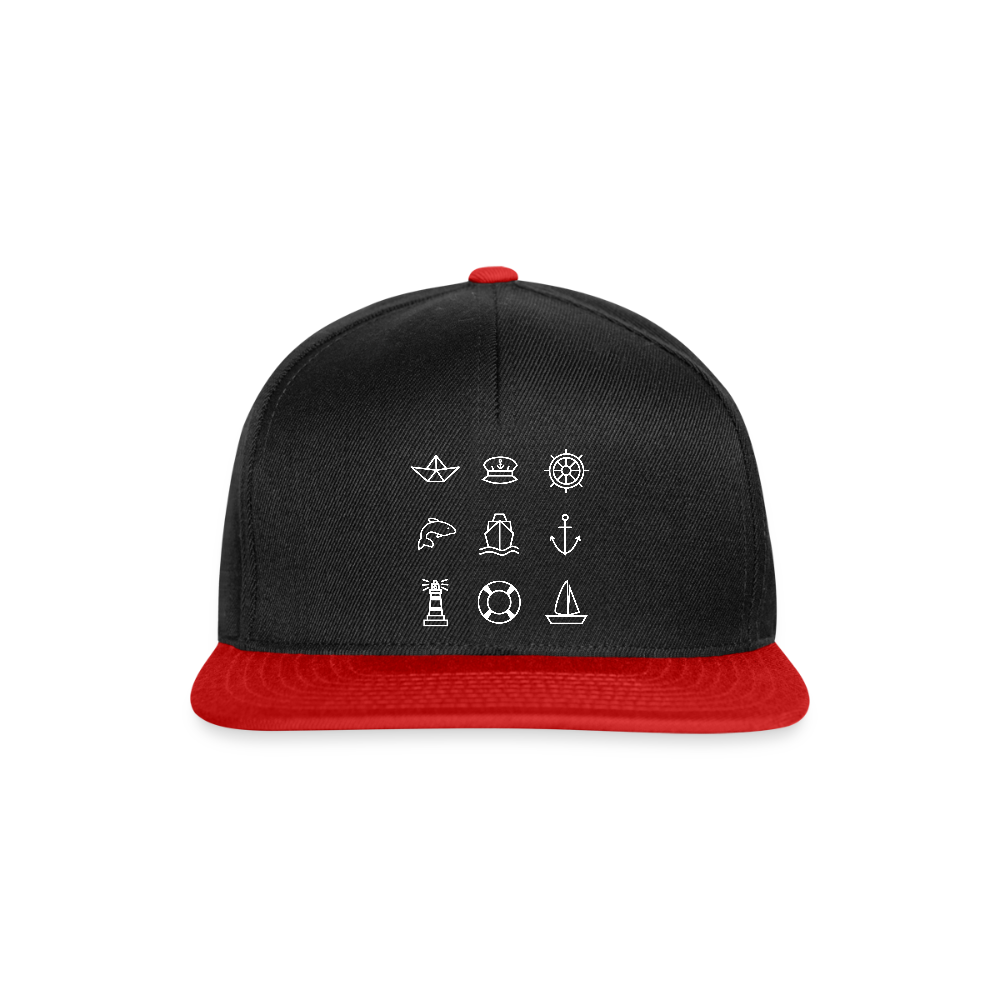 Snapback Cap - Nautik Doodles (weiss) - Schwarz/Rot