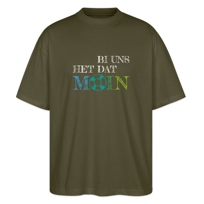 Unisex Oversize Bio-T-Shirt - Bi uns het dat Moin (weiss) - Khaki