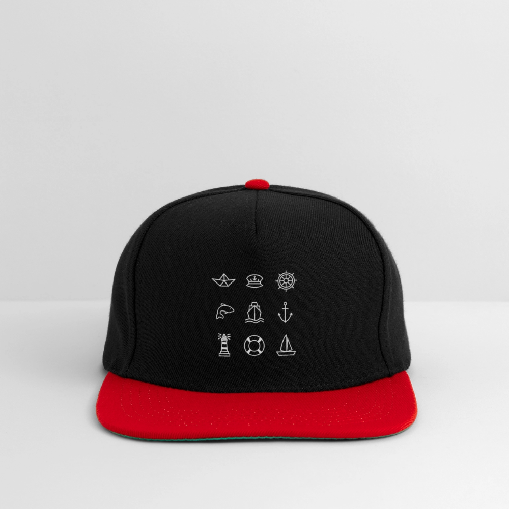 Snapback Cap - Nautik Doodles (weiss) - Schwarz/Rot