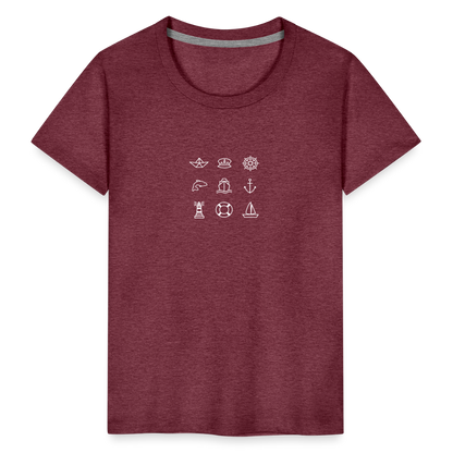 Kinder Premium T-Shirt - Nautik Doodles (weiss) - Bordeauxrot meliert