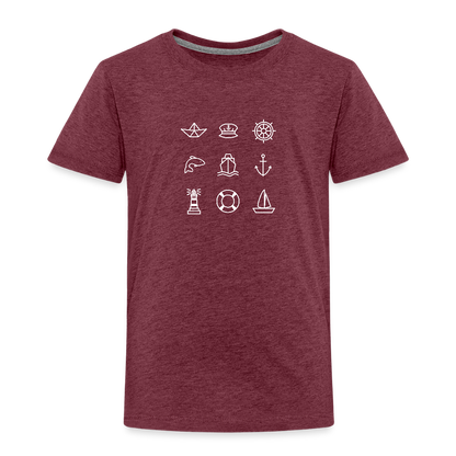 Kinder Premium T-Shirt - Nautik Doodles (weiss) - Bordeauxrot meliert