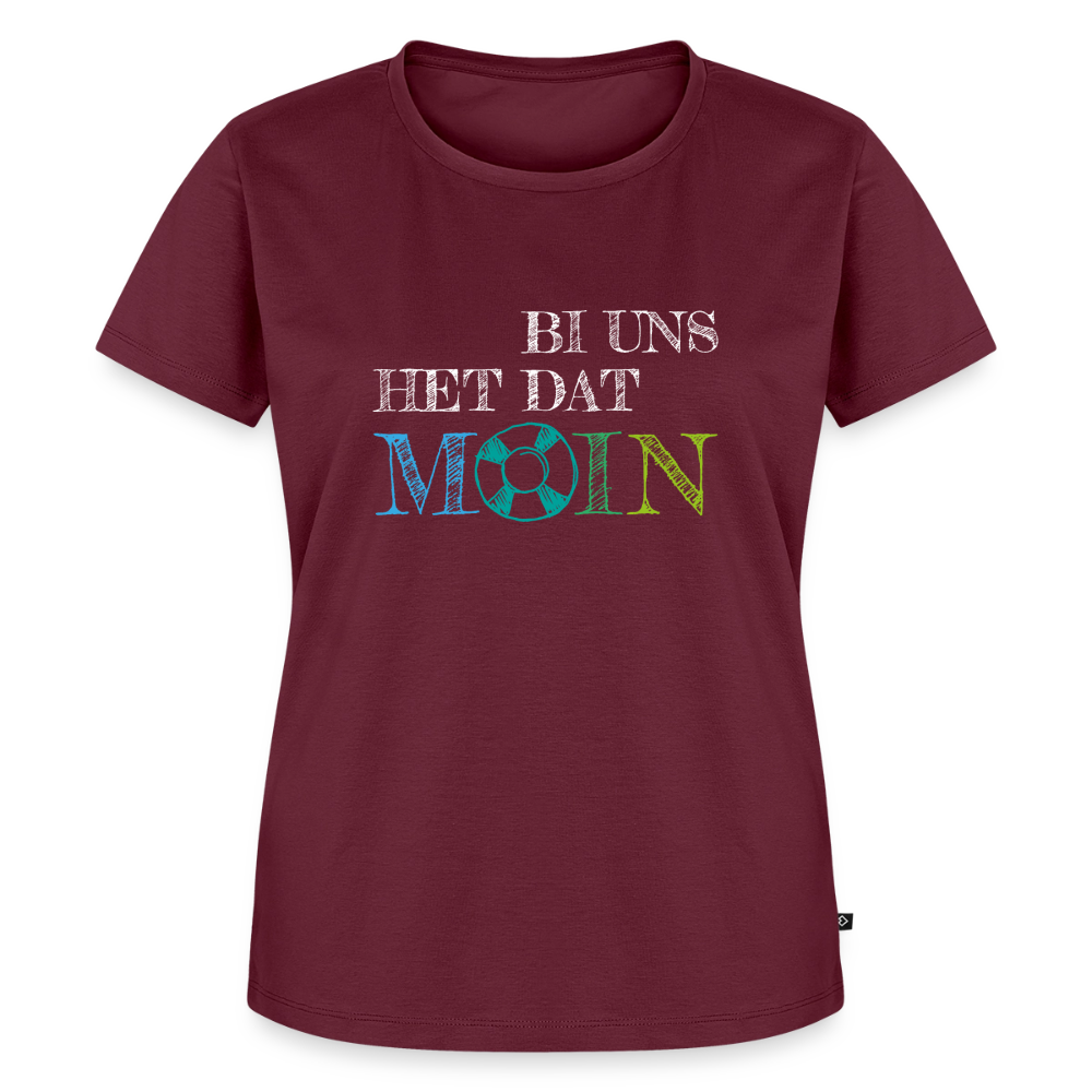 Damen Premium Bio T-Shirt - Bi uns het dat Moin (weiss) - Burgunderrot