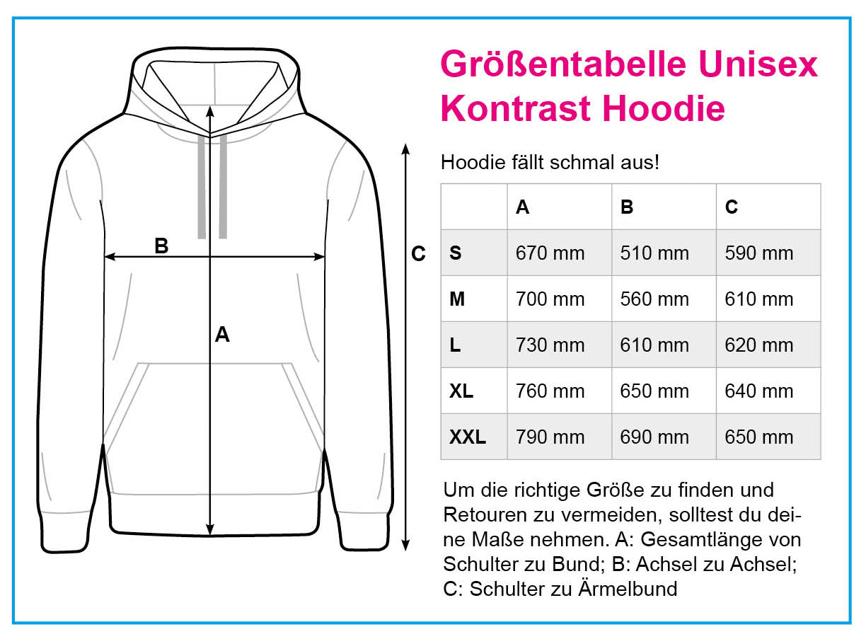 Größentabelle Unisex Kontrast-Hoodie