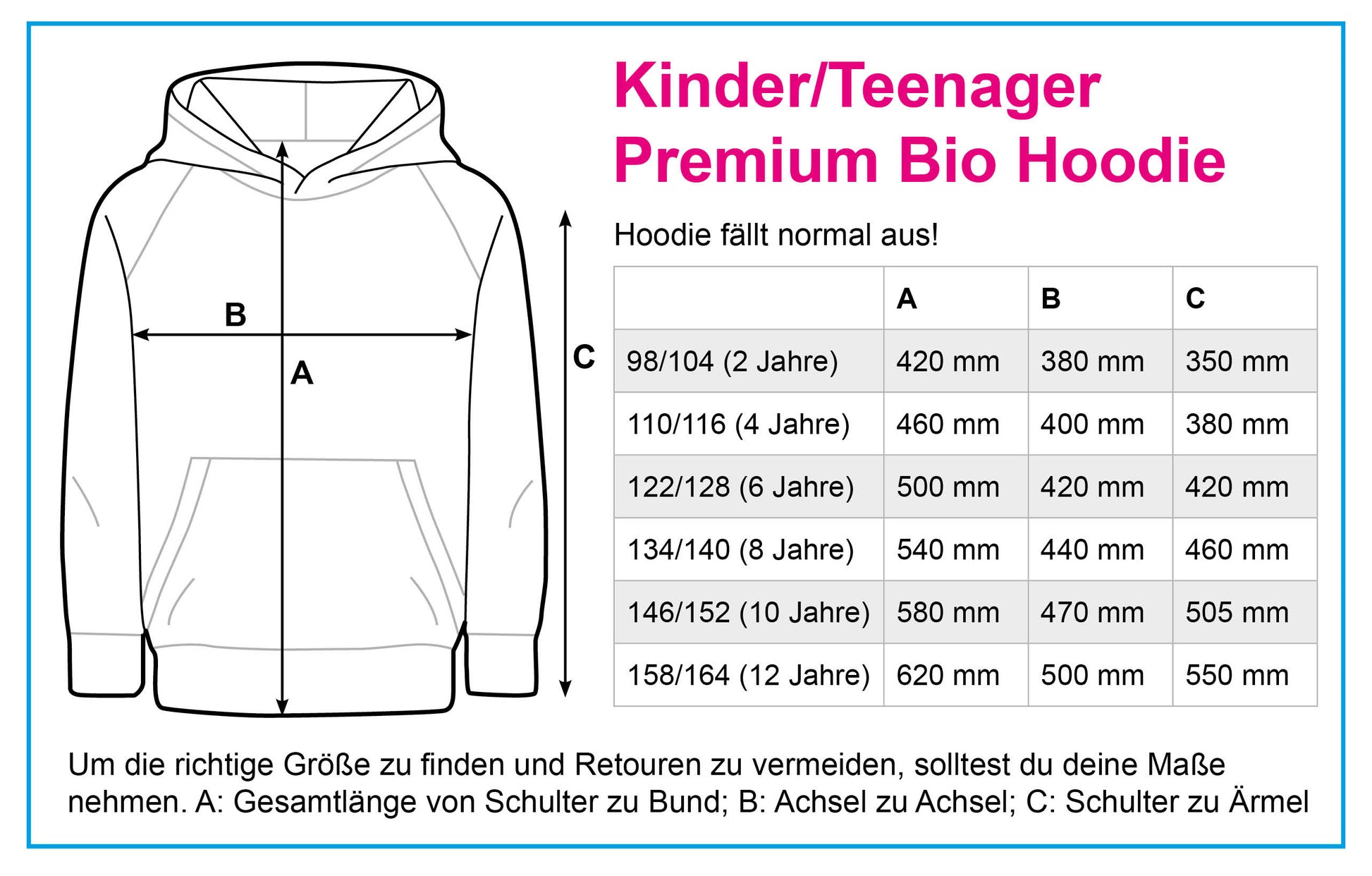Größentabelle Kinder/Teens Premium Bio Hoodie