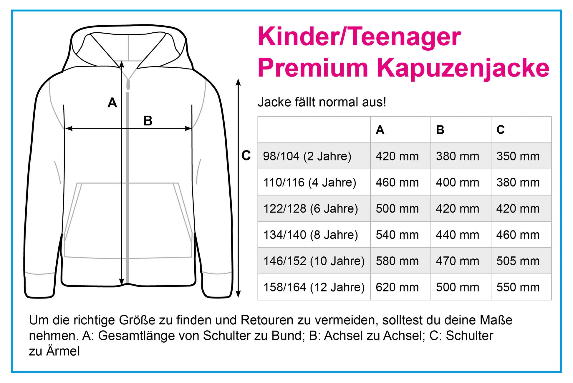 Größentabelle Kinder/Teenager Premium Kapuzenjacke