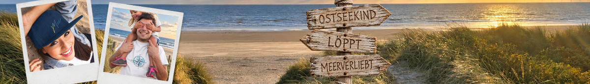 Strandbild mit Wegweiser Ostseekind, Lööpt und Meerverliebt