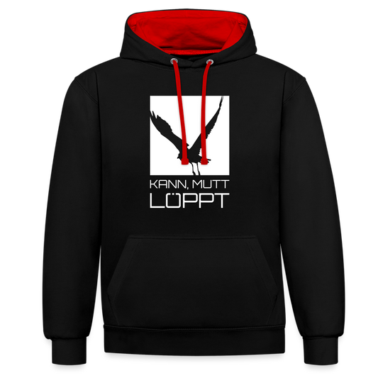 Kontrast-Hoodie - Kann, mtt, löppt (weiss) - Schwarz/Rot