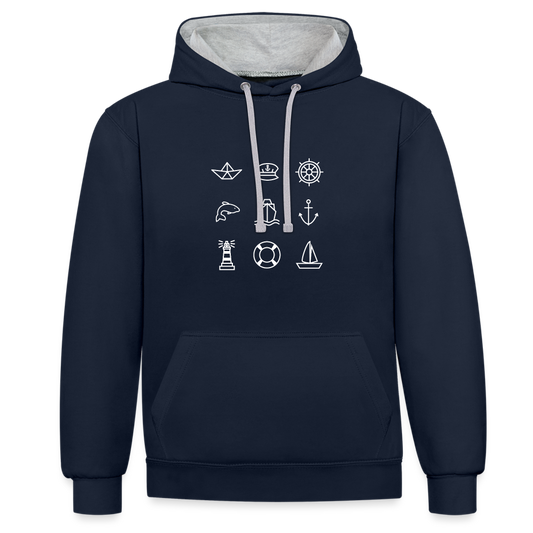 Unisex Kontrast-Hoodie - Nautik Doodles (weiss) - Navy/Grau meliert