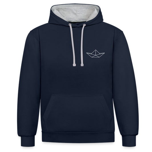 Unisex Kontrast-Hoodie - Origami Boot (weiss) - Navy/Grau meliert