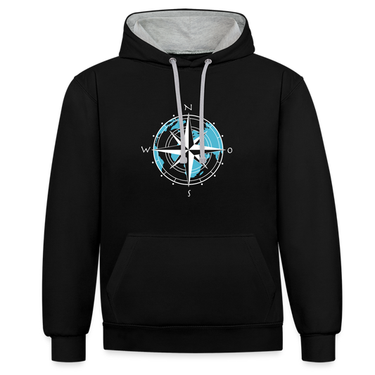 Kontrast-Hoodie - Kompass (weiss) - Schwarz/Grau meliert