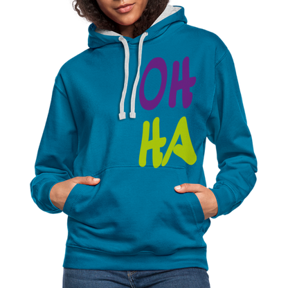 Unisex Kontrast-Hoodie - Oh ha - Pfauenblau/Grau meliert